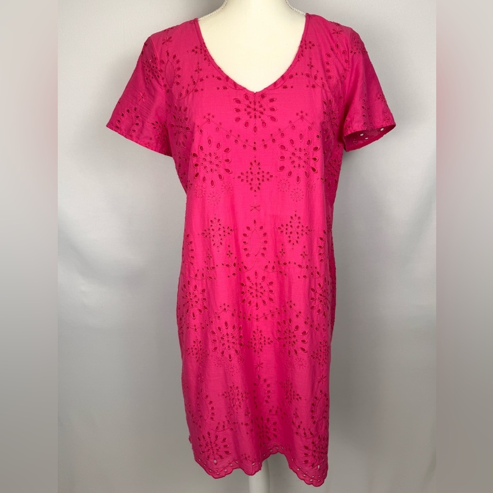 Talbots Embroidered Scallop Hem Eyelet Short Sleeve Shift Dress Pink 10 Petite - Picture 4 of 12